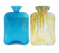 Botella de agua caliente de flores amarillas de primavera con funda esponjosa, botella de flores de gran capacidad, bolsa de agua para noches acogedoras, alivio del dolor, espalda, cuello y hombros