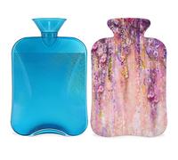 Botella de agua caliente de flores con cubierta esponjosa de 2 l, gran capacidad, botella de flores abstractas de glicinia, bolsa de agua para noches acogedoras, alivio del dolor, espalda, cuello y