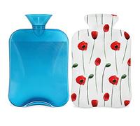Botella de agua caliente de flores de amapola de primavera con funda esponjosa, bolsa de agua caliente de gran capacidad, bolsa de agua con estampado de amapola para noches acogedoras, alivio del