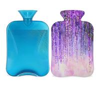 Botella de agua caliente de flores de glicinia con funda esponjosa, 2 L, botella de flores abstractas de gran capacidad, bolsa de agua para noches acogedoras, alivio del dolor, espalda, cuello y