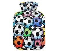 Botella de agua caliente de fútbol colorido de dibujos animados con cubierta suave, bolsas de agua de 1 litro para calentador de cuello y hombros