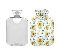 Botella de agua caliente de girasol amarillo azul aciano de 2 litros con tapa, bolsa de agua caliente transparente para aliviar el dolor de cuello y hombros, terapia caliente de pies y manos
