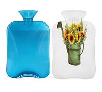Botella de agua caliente de girasol con funda esponjosa, bolsa de agua caliente de gran capacidad de 2 litros, bolsa de agua vintage para calentar noches, aliviar el dolor, espalda, cuello y hombros