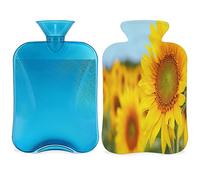 Botella de agua caliente de girasoles de verano con funda esponjosa, 2 L, botella floral de girasoles de gran capacidad, bolsa de agua para noches acogedoras, alivio del dolor, espalda, cuello y