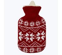 Botella de agua caliente de goma con bonita funda de algodón de dibujos animados (copo de nieve rojo, 2 L)