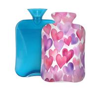 Botella de agua caliente de goma con cubierta suave, corazones rosas y morados, bolsa de agua caliente de 2 L para aliviar el dolor, terapia de frío y calor