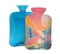 Botella de agua caliente de goma con cubierta suave, diseño abstracto de montaña y tigre luna, bolsa de agua caliente de 2 L para aliviar el dolor, terapia de frío y calor