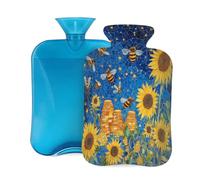 Botella de agua caliente de goma con cubierta suave, diseño de abejas, girasoles, cielo arte, bolsa de agua caliente de 2 L para aliviar el dolor, terapia de frío y calor