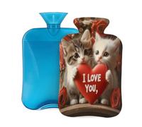 Botella de agua caliente de goma con cubierta suave, diseño de pareja de gatos, temática del día de San Valentín, bolsa de agua caliente de 2 L para aliviar el dolor, terapia de frío y calor