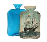Botella de agua caliente de goma con cubierta suave, estilo vintage, velero, velero, aventura en el mar, bolsa de agua caliente de 2 L para aliviar el dolor, terapia de frío y calor
