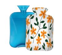 Botella de agua caliente de goma con cubierta suave, flores pequeñas naranjas, hojas botánicas, bolsa de agua caliente de 2 L para aliviar el dolor, terapia de frío y calor
