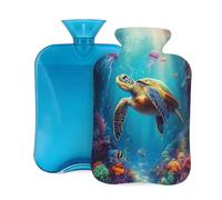 Botella de agua caliente de goma con cubierta suave, medusas, tortugas marinas, corales, costa del océano, peces, bolsa de agua caliente de 2 litros para aliviar el dolor, terapia de frío y calor