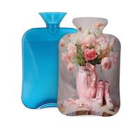 Botella de agua caliente de goma con cubierta suave, textura de gasa suave, flores rosas y zapatos de baile, bolsa de agua caliente de 2 L para aliviar el dolor, terapia de frío y calor
