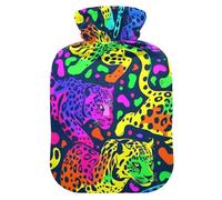 Botella de agua caliente de guepardos de color neón con cubierta suave, bolsa de agua caliente de 2 L para calentador de cuello y hombros