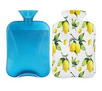 Botella de agua caliente de hojas de limón amarillo con funda esponjosa, bolsa de agua caliente de gran capacidad, bolsa de agua de 2 litros, botella de limón, tropical, bolsa de agua para noches