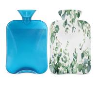 Botella de agua caliente de hojas verdes de eucalipto con funda, 2 L, bolsa de agua de gran capacidad para noches acogedoras, alivio del dolor, espalda, cuello y hombros