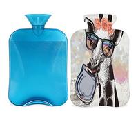 Botella de agua caliente de jirafa con funda esponjosa, bolsa de agua caliente de gran capacidad de 2 litros, bolsa de agua floral de moda para noches acogedoras, alivio del dolor, espalda, cuello y
