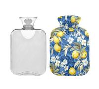 Botella de agua caliente de limones y flores blancas con cubierta suave, bolsa de agua caliente reutilizable de 2 litros para calambres de abdomen, cuello y hombros, alivio del dolor de cintura,