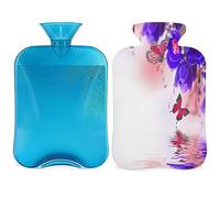 Botella de agua caliente de mariposa con cubierta esponjosa de 2 litros de gran capacidad, tulipanes y mariposas, bolsa de agua para noches acogedoras, alivio del dolor, espalda, cuello y hombros
