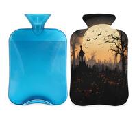 Botella de agua caliente de murciélago de Halloween con funda, diseño de árboles de luna, bolsa de agua caliente de 2 litros para aliviar el dolor, cuello suave y hombro, calentador de pies de mano
