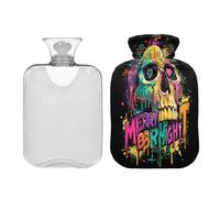 Botella de agua caliente de Navidad con diseño de calavera estilo goteo con cubierta suave, bolsa calentadora de 2 litros para calambres menstruales, alivio del dolor, compresas calientes para el