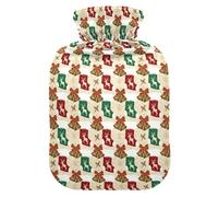 Botella de agua caliente de Navidad con funda suave, color beige, rojo, verde y dorado, bolsas de agua caliente de 1 litro para calentador de cuello y hombros