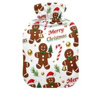 Botella de agua caliente de pan de jengibre marrón de Navidad con cubierta suave, bolsas de agua de 2 L para calambres menstruales