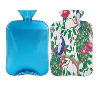 Botella de agua caliente de pavo real con tapa, bolsa de agua caliente transparente de 2 l para compresas frías calientes, calentador de manos pies, alivio del dolor de cuello y hombros (flor de
