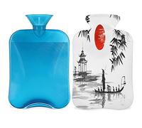 Botella de agua caliente de pintura artística japonesa con funda esponjosa, bolsa de agua caliente de gran capacidad de 2 litros, bolsa de agua japonesa para noches acogedoras, alivio del dolor,