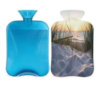 Botella de agua caliente de playa con funda esponjosa, bolsa de agua caliente de gran capacidad de 2 litros, bolsa de agua para verano, puesta de sol, playa, playa, para noches acogedoras, alivio del