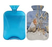 Botella de agua caliente de playa náutica con cubierta de 2 l, bolsa de agua caliente de PVC de estrellas de mar de verano para calentador de manos, alivio del dolor, compresa caliente y terapia de frío