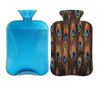 Botella de agua caliente de plumas de pavo real con funda esponjosa, bolsa de agua caliente de gran capacidad, bolsa de agua de 2 l, botella de plumas para noches acogedoras, alivio del dolor, espalda, cuello y hombros