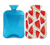 Botella de agua caliente de sandía con funda esponjosa, gran capacidad de 2 litros, botella de sandía tropical para noches acogedoras, alivio del dolor, espalda, cuello y hombros