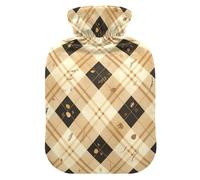 Botella de agua caliente de tablero de ajedrez marrón y negro con cubierta suave, bolsa de agua caliente de 2 L para terapias frías y calientes, calentador de cuello y hombros, bolsa de calor para