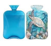 Botella de agua caliente de tortuga marina con funda, patrón de concha oceánica, bolsa de agua caliente de 2 L para aliviar el dolor, cuello y hombros, calentador de manos y pies