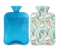 Botella de agua caliente de unicornio arcoíris con funda esponjosa, bolsa de agua caliente de gran capacidad de 2 litros, bonita bolsa de agua de unicornio para noches acogedoras, alivio del dolor,