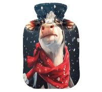 Botella de agua caliente de vaca con bufanda roja con funda de forro polar suave, bolsa de agua caliente para aliviar el dolor de cuello y hombros, terapias frías y calientes, talla L