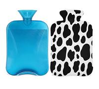 Botella de agua caliente de vaca con cubierta esponjosa, bolsa de agua caliente de gran capacidad, bolsa de agua blanca y negra para noches acogedoras, alivio del dolor, espalda, cuello y hombros