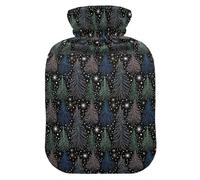 Botella de agua caliente de viaje con diseño de árbol estrellado de Navidad, negro, azul, verde, con cubierta suave, compresa caliente de 1 litro para calambres menstruales