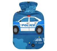 Botella de agua caliente de viaje con diseño de caricatura azul de policía con funda suave, bolsas de agua de 2 L para calentador de cuello y hombros