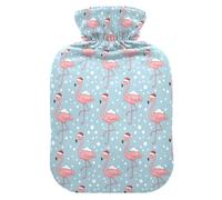 Botella de agua caliente de viaje con diseño de flamenco, color azul claro, con funda suave, compresa cálida de 1 litro para aliviar el dolor de cuello y hombros