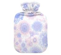 Botella de agua caliente de viaje con diseño de flores de mandala circular en colores pastel con funda suave, bolsa de agua de 1 litro para calentador de abdomen