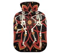 Botella de agua caliente de viaje con diseño de mandala bohemio y esqueleto humano con funda suave, bolsas de agua caliente de 2 L para calentador de cuello y hombros