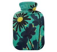 Botella de agua caliente de viaje con diseño de margarita negra con cubierta suave, compresas calientes de 2 litros para el cuerpo para la artritis