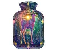 Botella de agua caliente de viaje con diseño de Tarot de neón de ciervo con cubierta suave, compresa caliente de 2 L para terapias frías y calientes, terapias frías y calientes