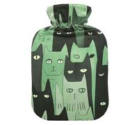 Botella de agua caliente de viaje de estilo minimalista con diseño de gatos negros y verdes con funda suave, bolsa de agua de 2 L para dolor muscular