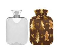 Botella de agua caliente dorada y marrón con diseño de árbol y pan de jengibre con cubierta suave, bolsas de agua caliente de 2 L para alivio del dolor de cuello, hombros, calambres menstruales