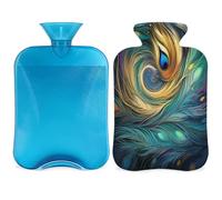 Botella de agua caliente étnica de plumas de pavo real con funda, bolsa de agua caliente de plumas abstractas de 2 L para aliviar el dolor, cuello y hombro, calentador de pies, compresa caliente y