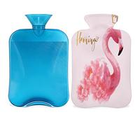 Botella de agua caliente flamenco con funda esponjosa, bolsa de agua caliente de gran capacidad de 2 litros, bolsa de agua con flores de flamenco para noches acogedoras, alivio del dolor, espalda,
