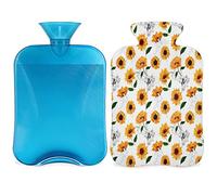 Botella de agua caliente floral con funda esponjosa, bolsa de agua caliente de gran capacidad de 2 litros, bolsa de agua tropical de girasol para noches acogedoras, alivio del dolor, espalda, cuello